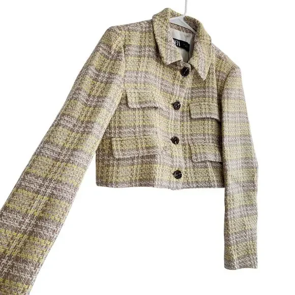Zara Beige & Yellow Plaid Textured Cropped Lapel Collar Blazer Size Large - Picture 4 of 8